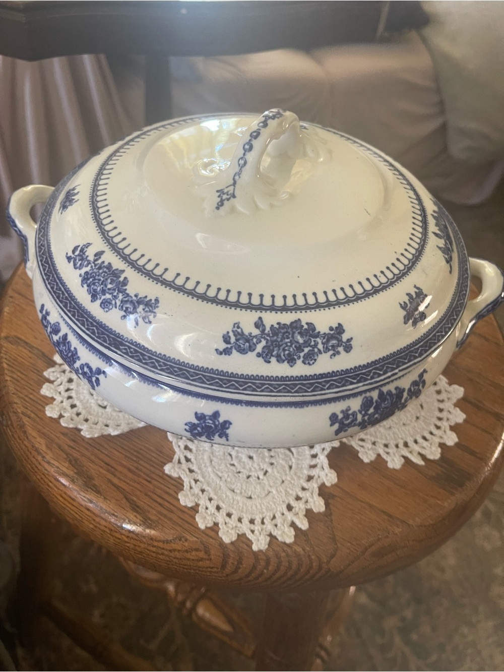 Royal Crown Derby Blue and White Covered Serving Tureen with Floral Bands